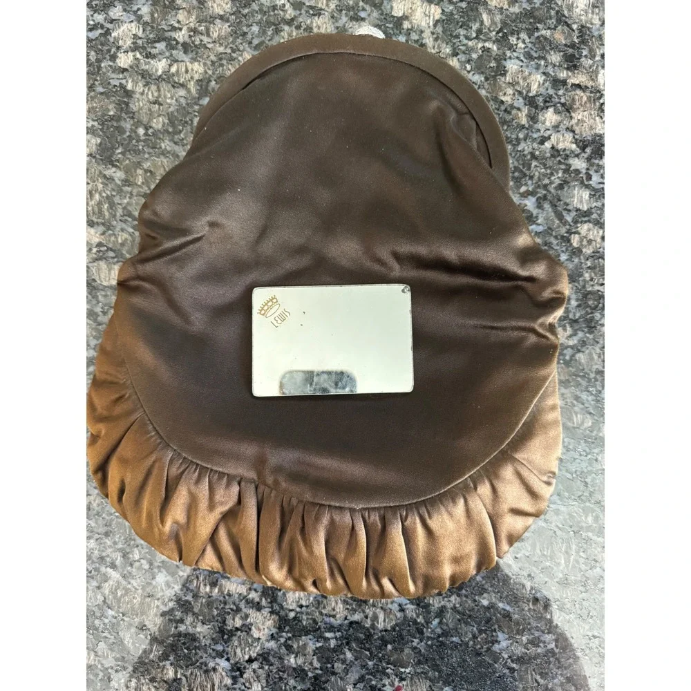 Lewis‎ Vintage Brown Satin Evening Clutch Bag Rhinestone Clasp Mirror  purse bag